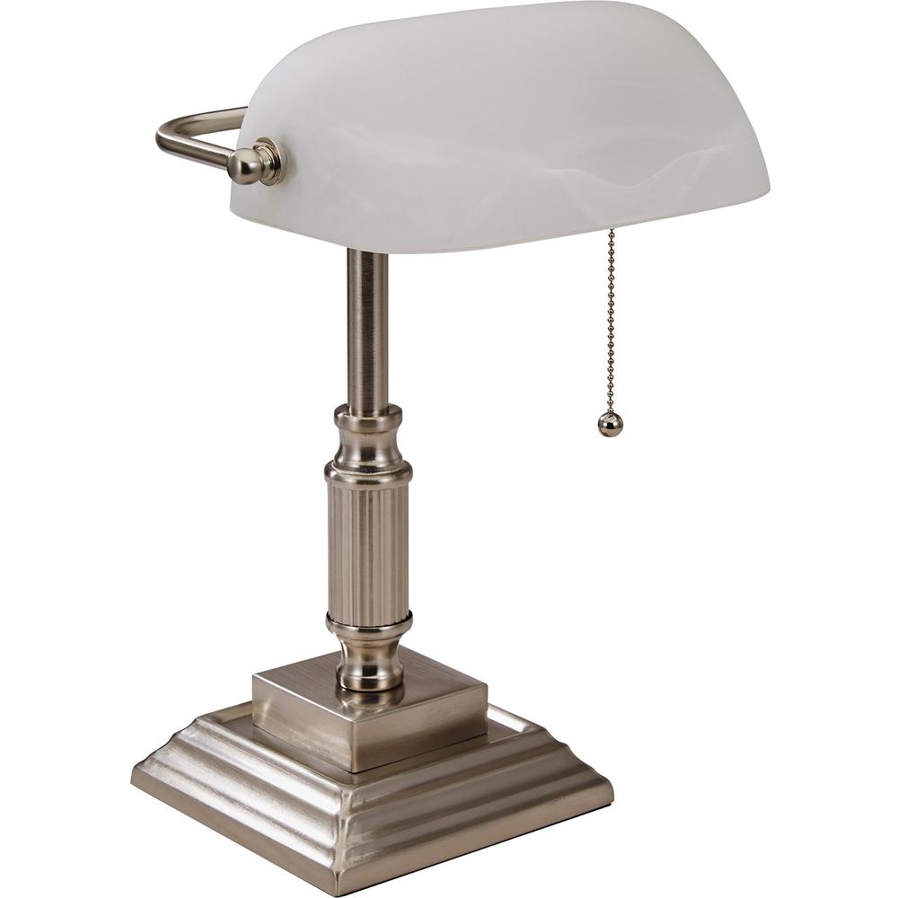 Lorell Classic Banker's Lamp - 15" Height - 6.5" Width - 10 W LED Bulb - Brushed Nickel - Desk Mountable - Silver - for Desk, Table. Picture 1
