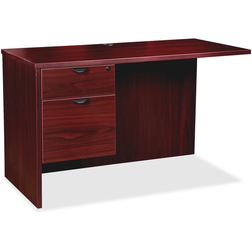 Lorell Prominence 2.0 Left Return - 42" x 24"29" , 1" Top - 2 x File, Box Drawer(s) - Single Pedestal on Left Side - Band Edge - Material: Particleboard - Finish: Mahogany Laminate, Thermofused Melami. Picture 1