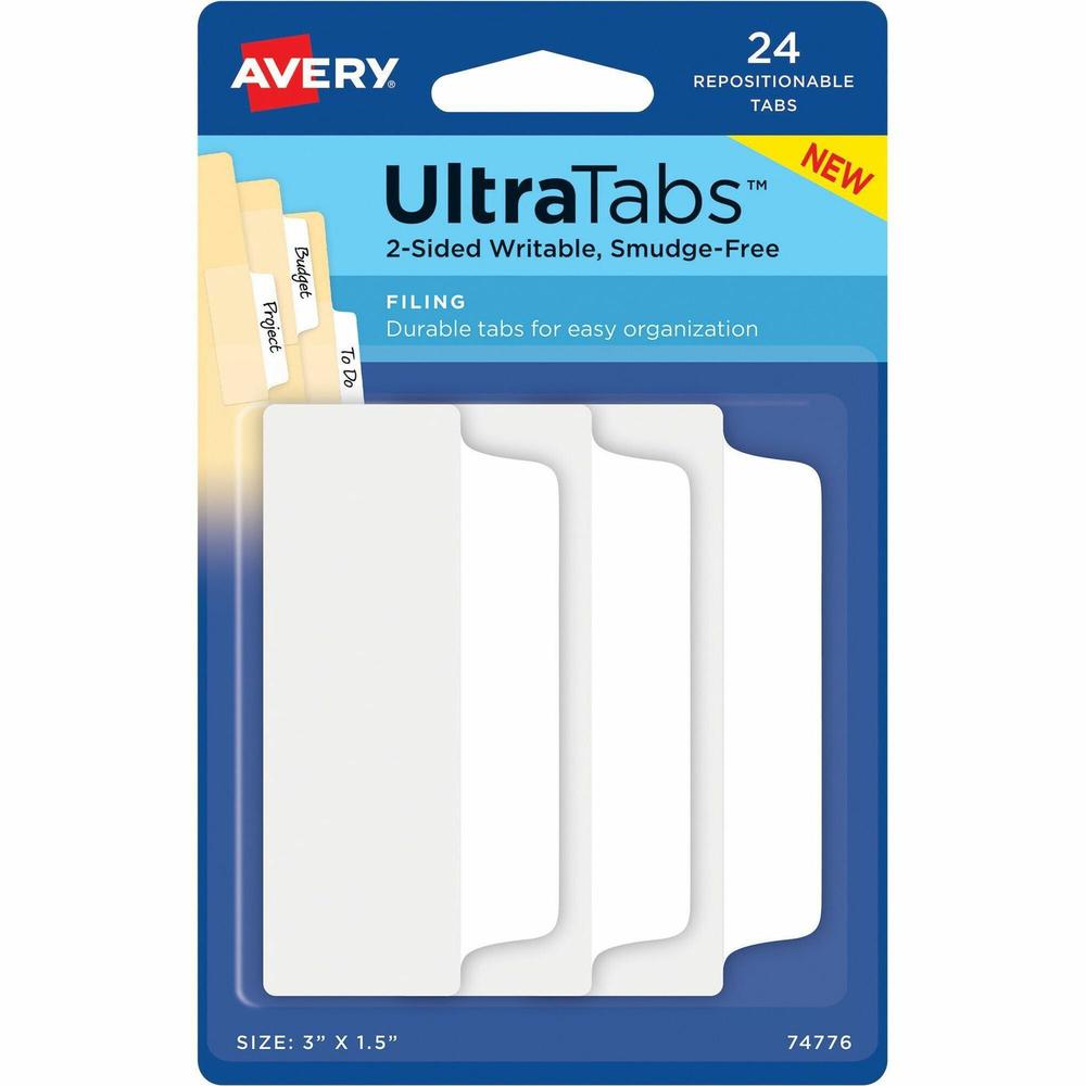 Avery&reg; UltraTabs Filing Tabs - 24 Tab(s) - 1.50" Tab Height x 3" Tab Width - Clear Film, White Paper Tab(s) - 24 / Pack. Picture 1