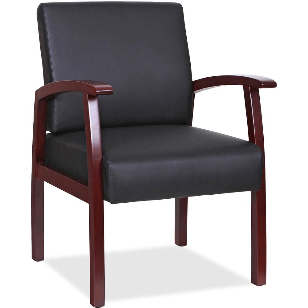 Lorell Thickly Padded Guest Chair - Mahogany Wood Frame - Four-legged Base - Black - Leather - Armrest - 1 Each. Picture 1