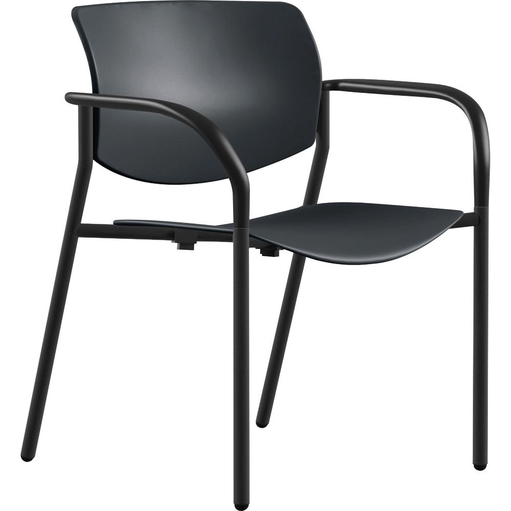 Lorell Stack Chairs with Arms - Plastic Seat - Plastic Back - Powder Coated, Black Tubular Steel Frame - Four-legged Base - Black - Plastic - Armrest - 2 / Carton. Picture 1