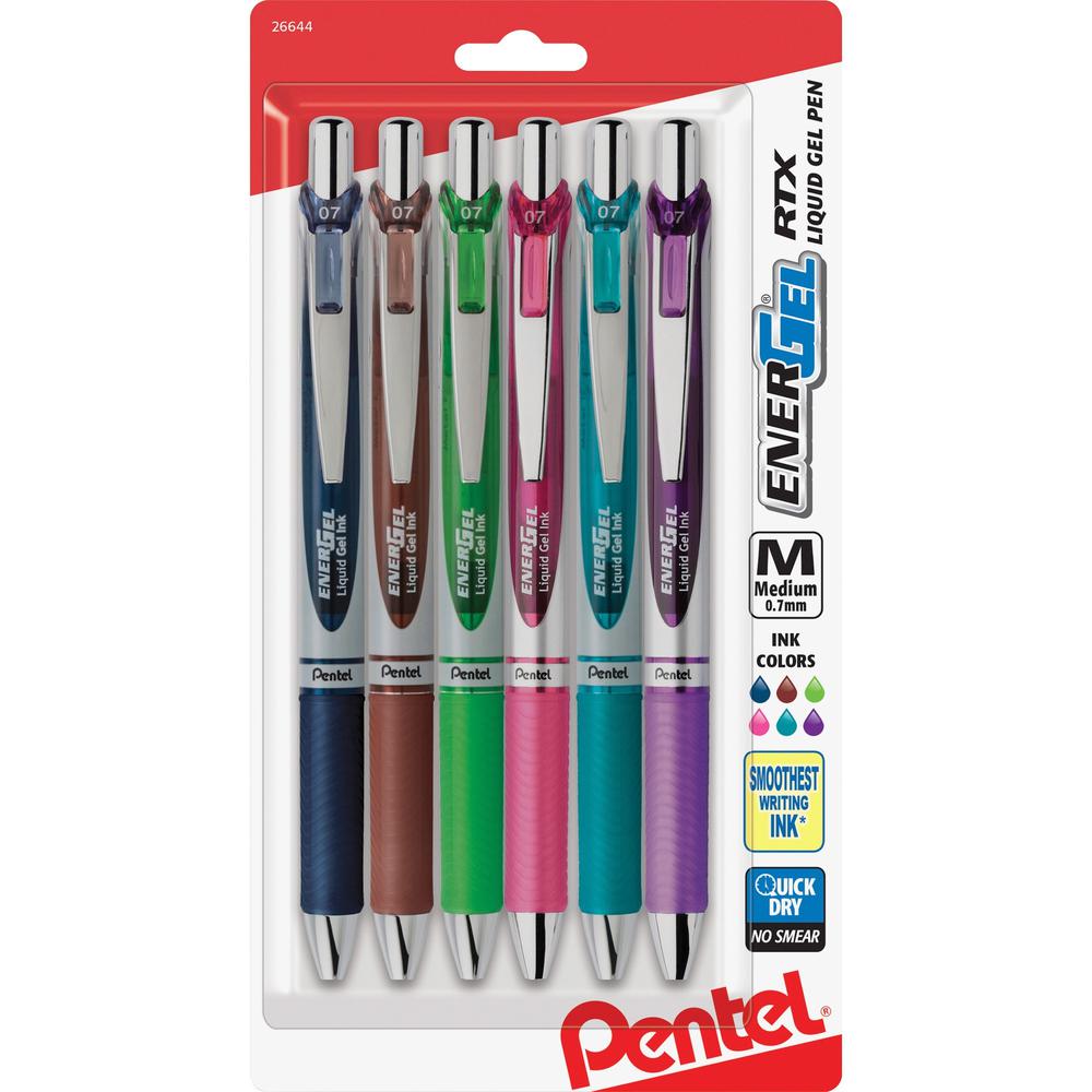 Pentel Liquid Steel Tip Gel Pens - Medium Pen Point - 0.7 mm Pen Point Size - Refillable - Retractable - Navy Blue, Lime Green, Brown, Pink, Violet, Turquoise Liquid Gel Ink Ink - Navy Blue, Brown, Li. Picture 1
