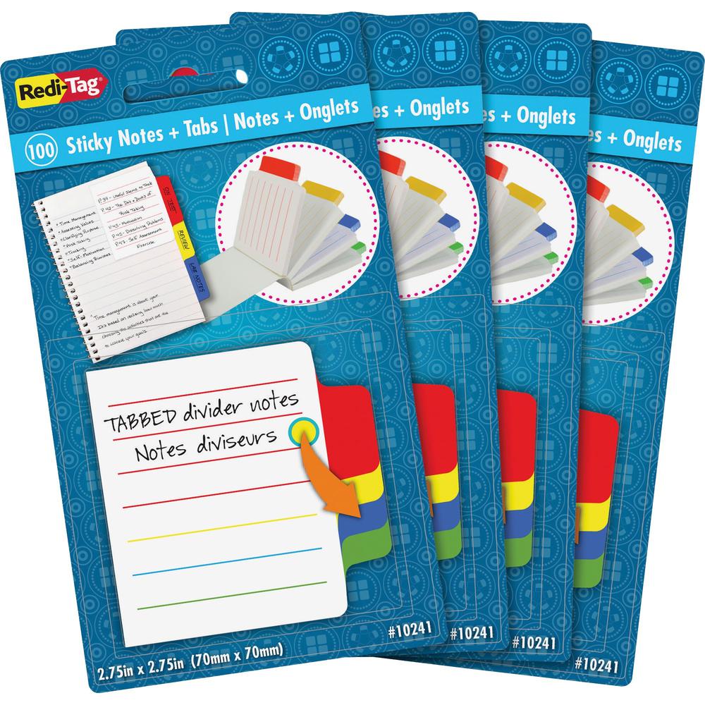 Redi-Tag Tabbed Divider Notes - 4" x 4" - Square - Ruled - Multicolor - Tab, Self-stick - 4 / Box. Picture 1