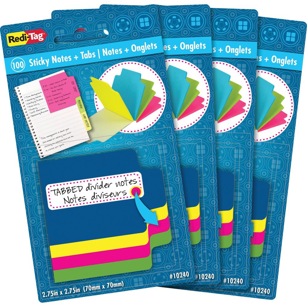 Redi-Tag Tabbed Divider Notes - 4" x 4" - Square - Unruled - Assorted - Tab, Self-stick - 4 / Box. Picture 1