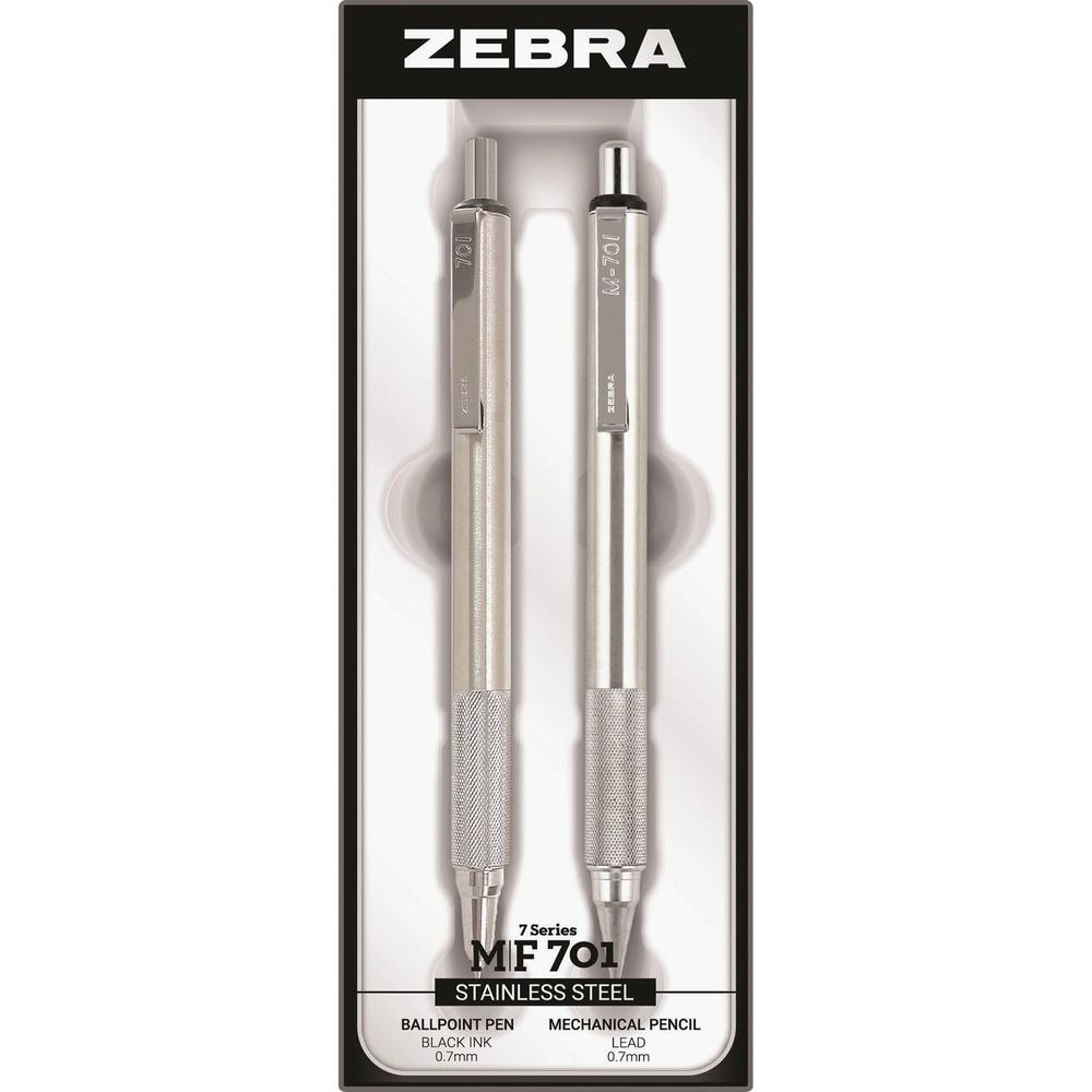 Zebra STEEL 7 Series M/F 701 Mechanical Pencil & Ballpoint Pen Set - 0.7 mm Pen Point Size - 0.7 mm Lead Size - Refillable - Stainless Steel - 2 / Set. Picture 1