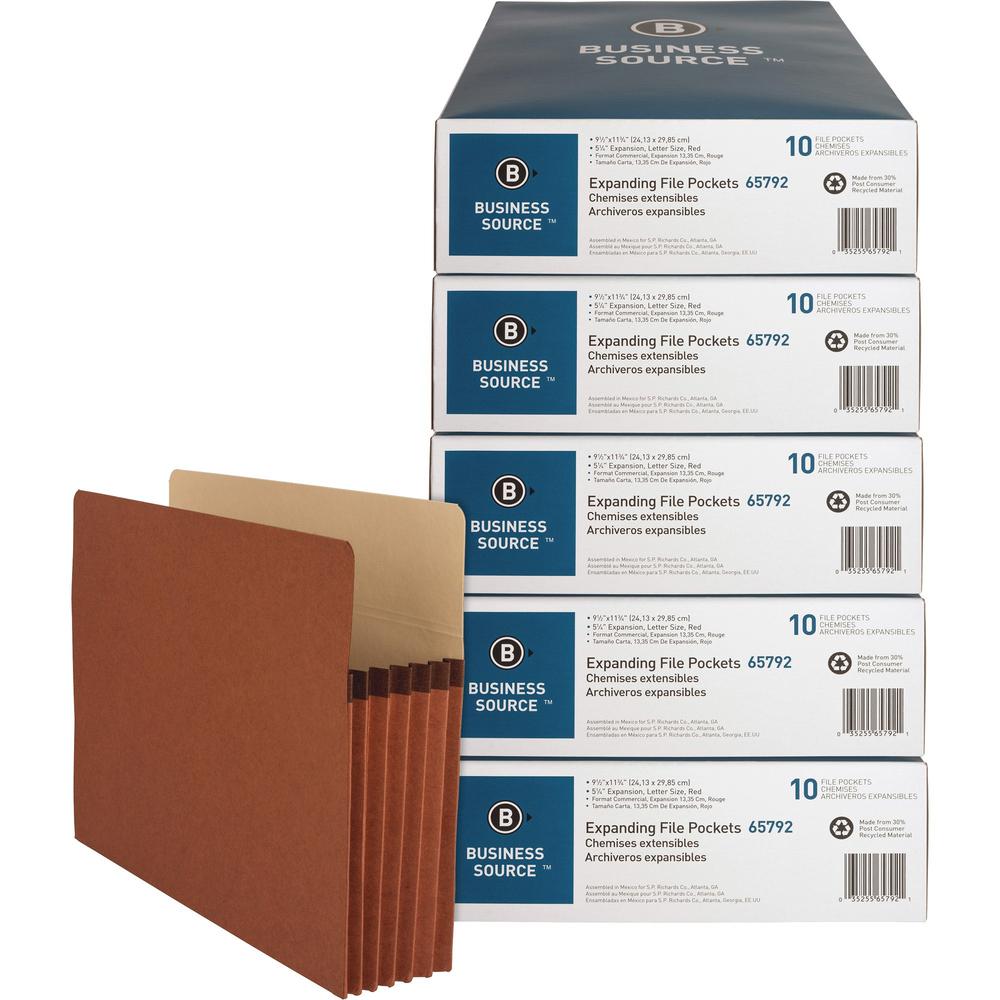Business Source Letter Recycled File Pocket - 8 1/2" x 11" - 1200 Sheet Capacity - 5 1/4" Expansion - Redrope - 30% Recycled - 50 / Carton. Picture 1