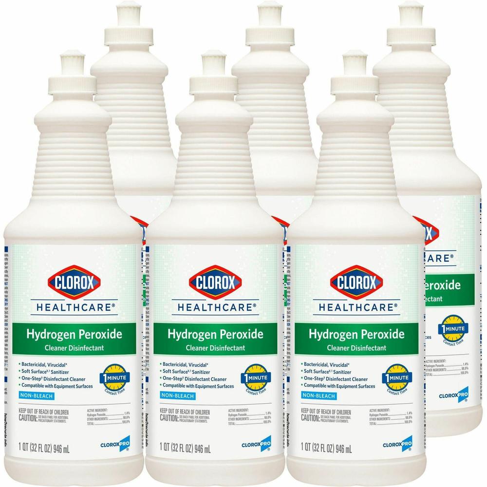 Clorox Healthcare Pull-Top Hydrogen Peroxide Cleaner Disinfectant - Ready-To-Use - 32 fl oz (1 quart) - 6 / Carton - Disinfectant - Clear. Picture 1