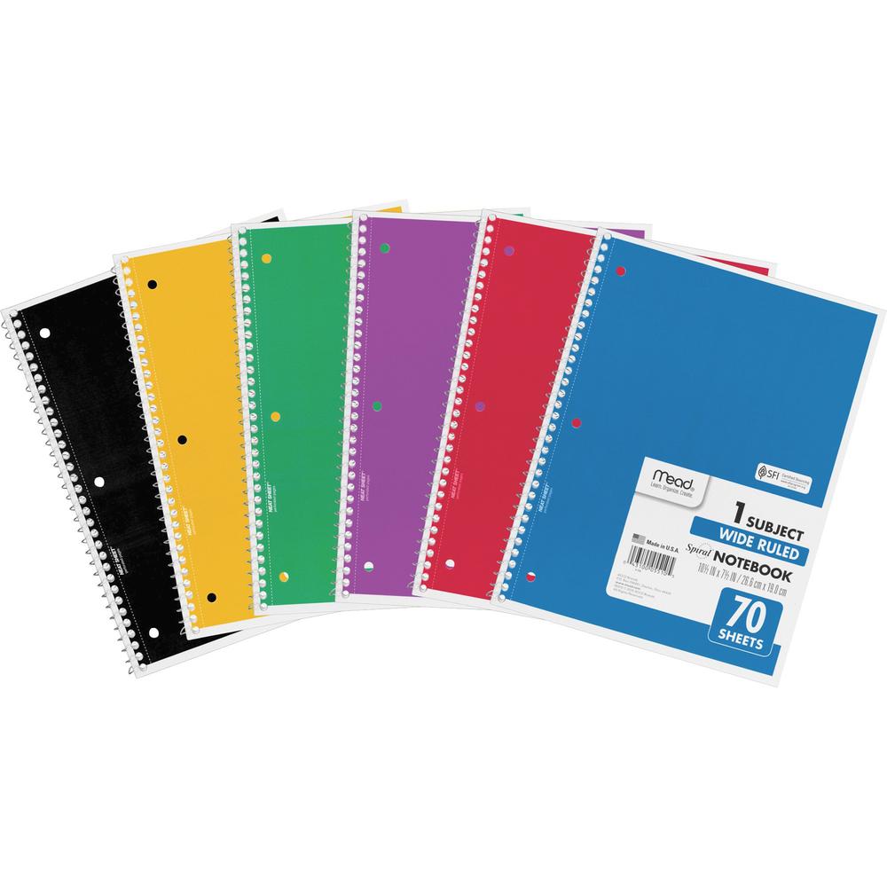 Mead Wide Ruled 1-Subject Notebooks - 70 Sheets - Spiral - Wide Ruled - 8" x 10 1/2" - White Paper - Assorted Cover - Hole-punched, Micro Perforated - 6 / Bundle. Picture 1