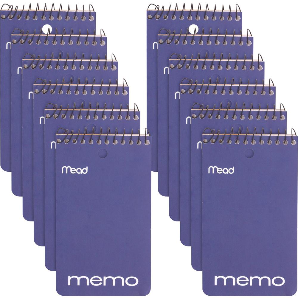 Mead Wirebound Memo Book - 60 Sheets - 120 Pages - Wire Bound - College Ruled - 3" x 5" - White Paper - AssortedCardboard Cover - Stiff-back, Hole-punched - 12 / Pack. Picture 1
