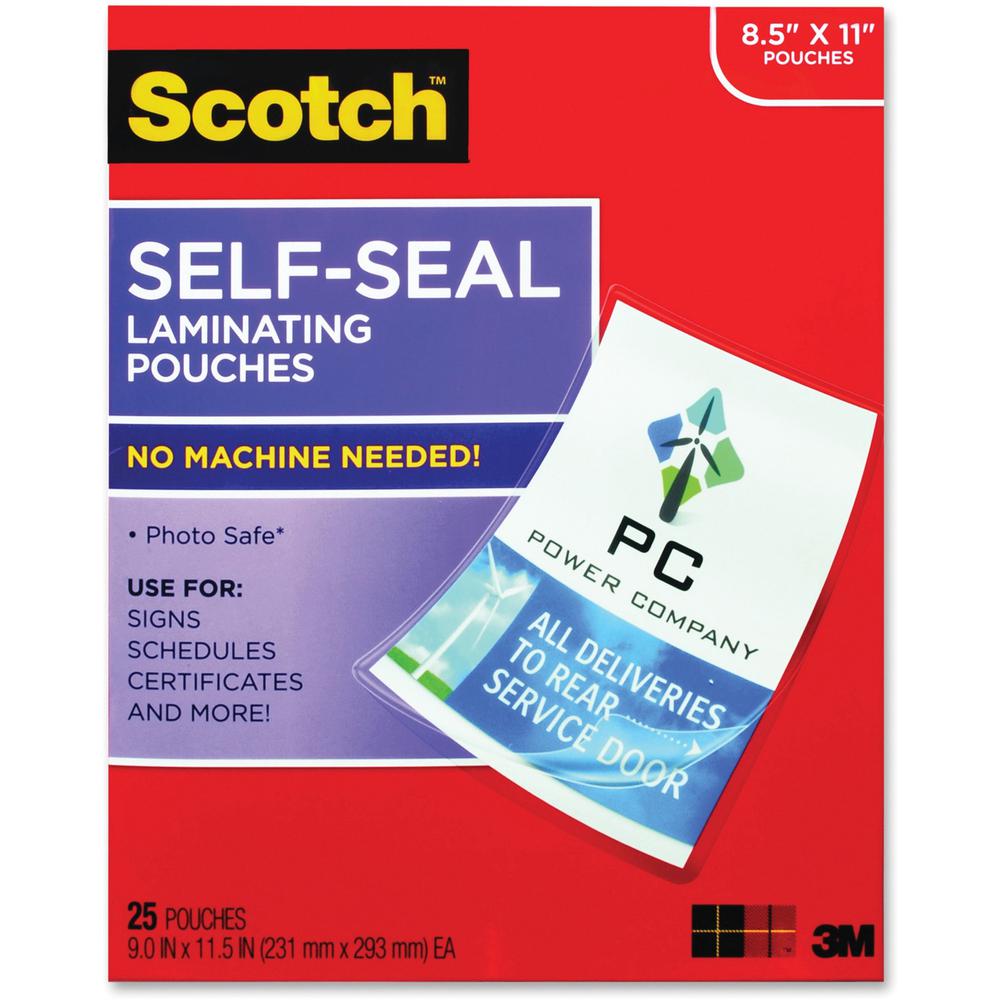 Scotch Self-Seal Laminating Pouches - Sheet Size Supported: Letter - Laminating Pouch/Sheet Size: 9" Width x 11.50" Length x 9.50 mil Thickness - Thick Gloss - for Document, Schedule, Presentation, Ph. Picture 1