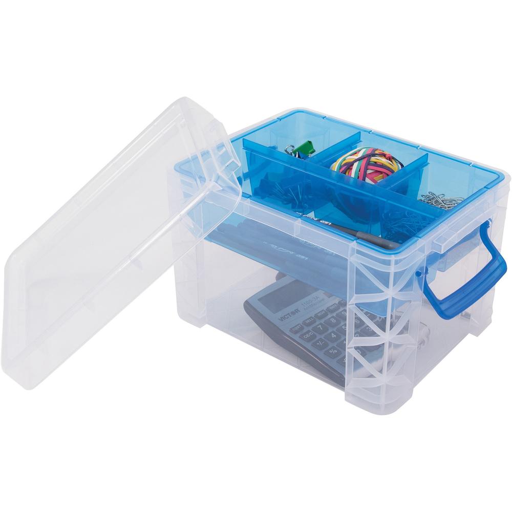 Advantus Super Stacker Divided Supply Box - External Dimensions: 10.1" Length x 7.5" Width x 6.5" Height - 5 Dividers - Lid Lock Closure - Stackable - Plastic - Clear, Blue - For Pen/Pencil, Paper Cli. The main picture.
