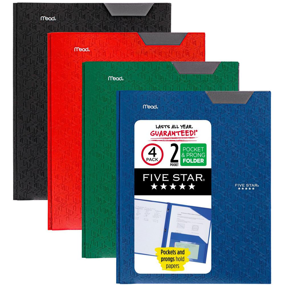 Mead Pocket Folder - 3 x Prong Fastener(s) - 2 Pocket(s) - Assorted - 4 / Pack. Picture 1
