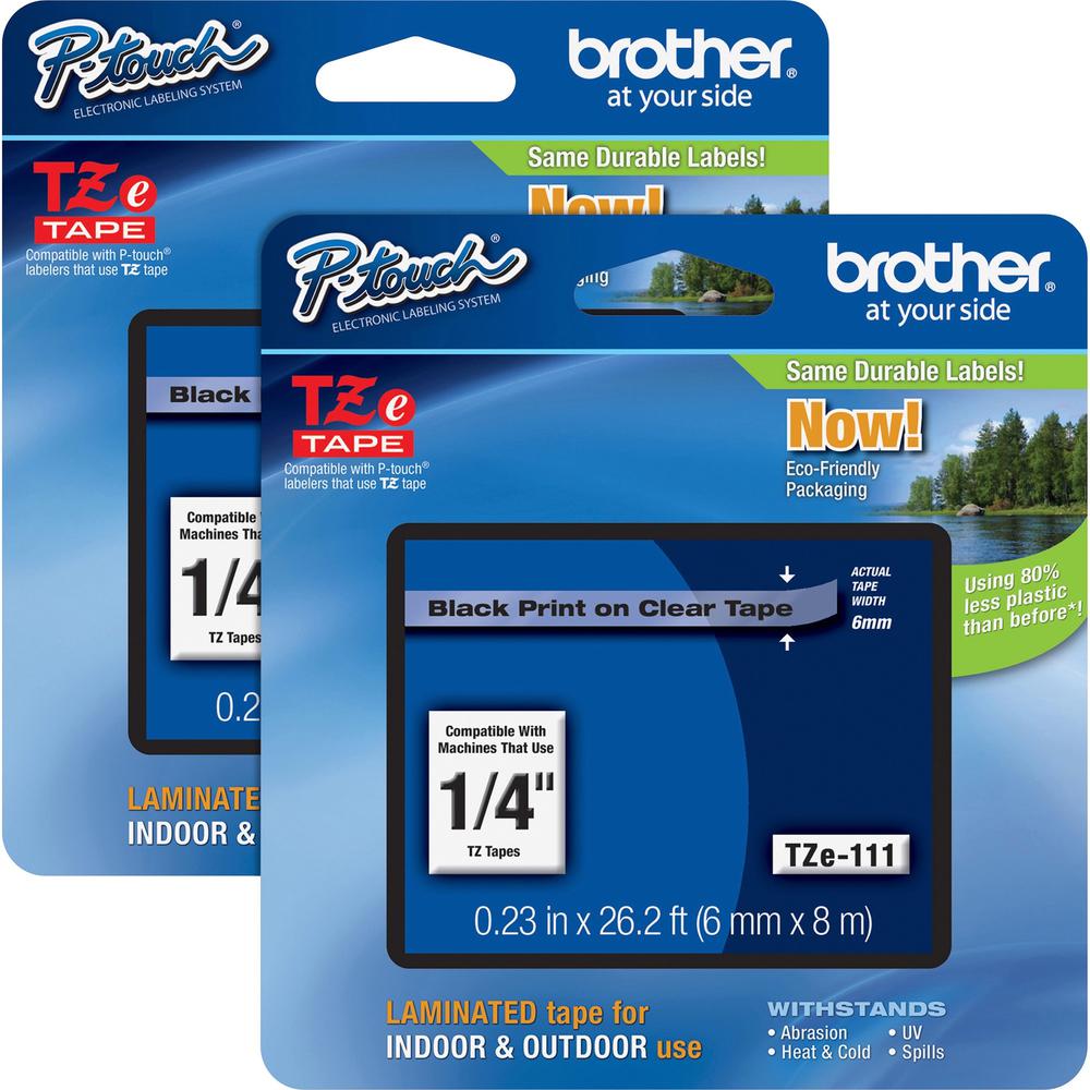 Brother P-touch TZe Laminated Tape Cartridges - 15/64" Width - Rectangle - Clear, Black - 2 / Bundle - Water Resistant - Grease Resistant, Grime Resistant, Temperature Resistant, Sunlight Resistant, H. Picture 1