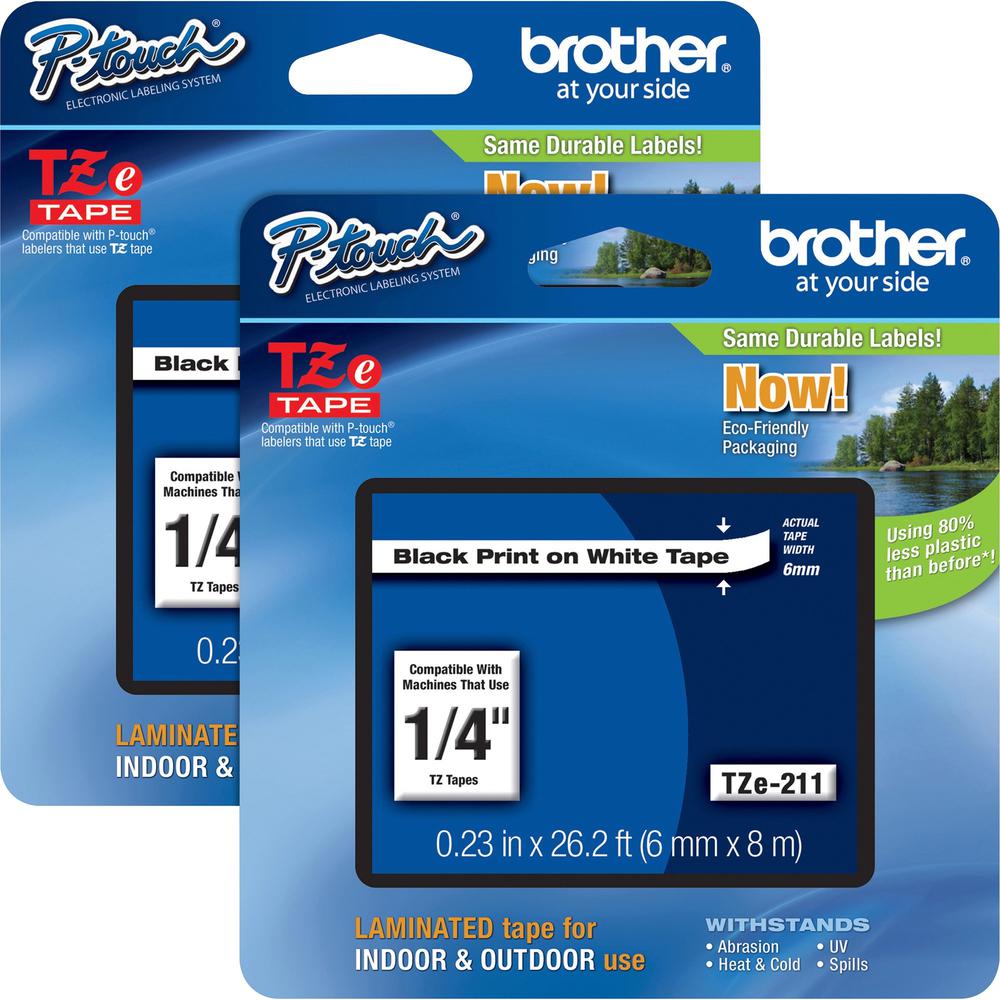 Brother P-touch TZe Laminated Tape Cartridges - 1/4" Width - Rectangle - White - 2 / Bundle - Water Resistant - Grease Resistant, Grime Resistant, Temperature Resistant. Picture 1