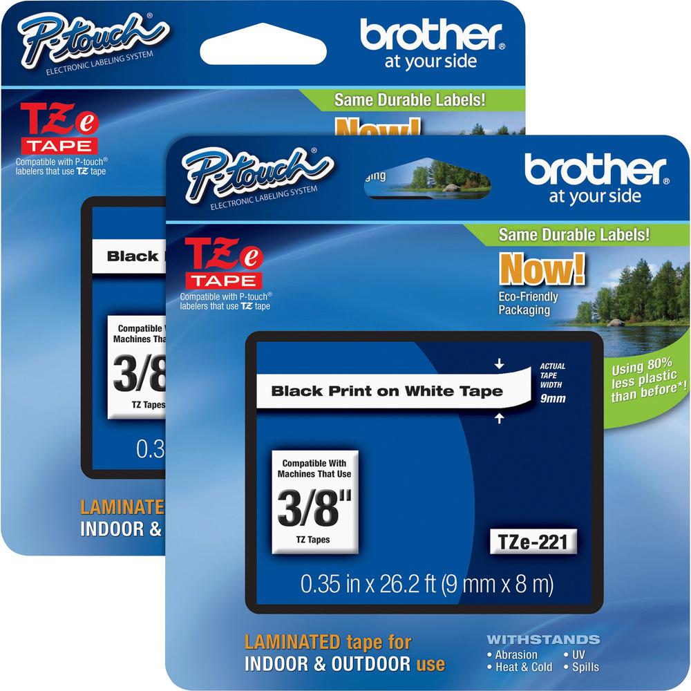 Brother P-touch TZe Laminated Tape Cartridges - 3/8" Width - Rectangle - White - Polyester Film, Polyethylene Terephthalate (PET) - 2 / Bundle - Water Resistant - Grease Resistant, Grime Resistant, Te. Picture 1