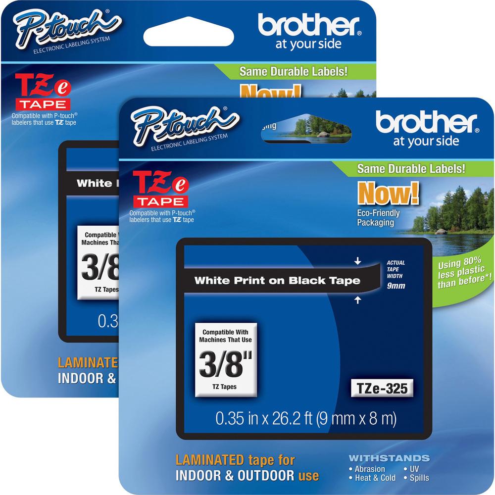 Brother P-touch TZe Laminated Tape Cartridges - 3/8" Width - Rectangle - White - Polyester Film, Polyethylene Terephthalate (PET) - 2 / Bundle - Water Resistant - Grease Resistant, Grime Resistant, Te. Picture 1