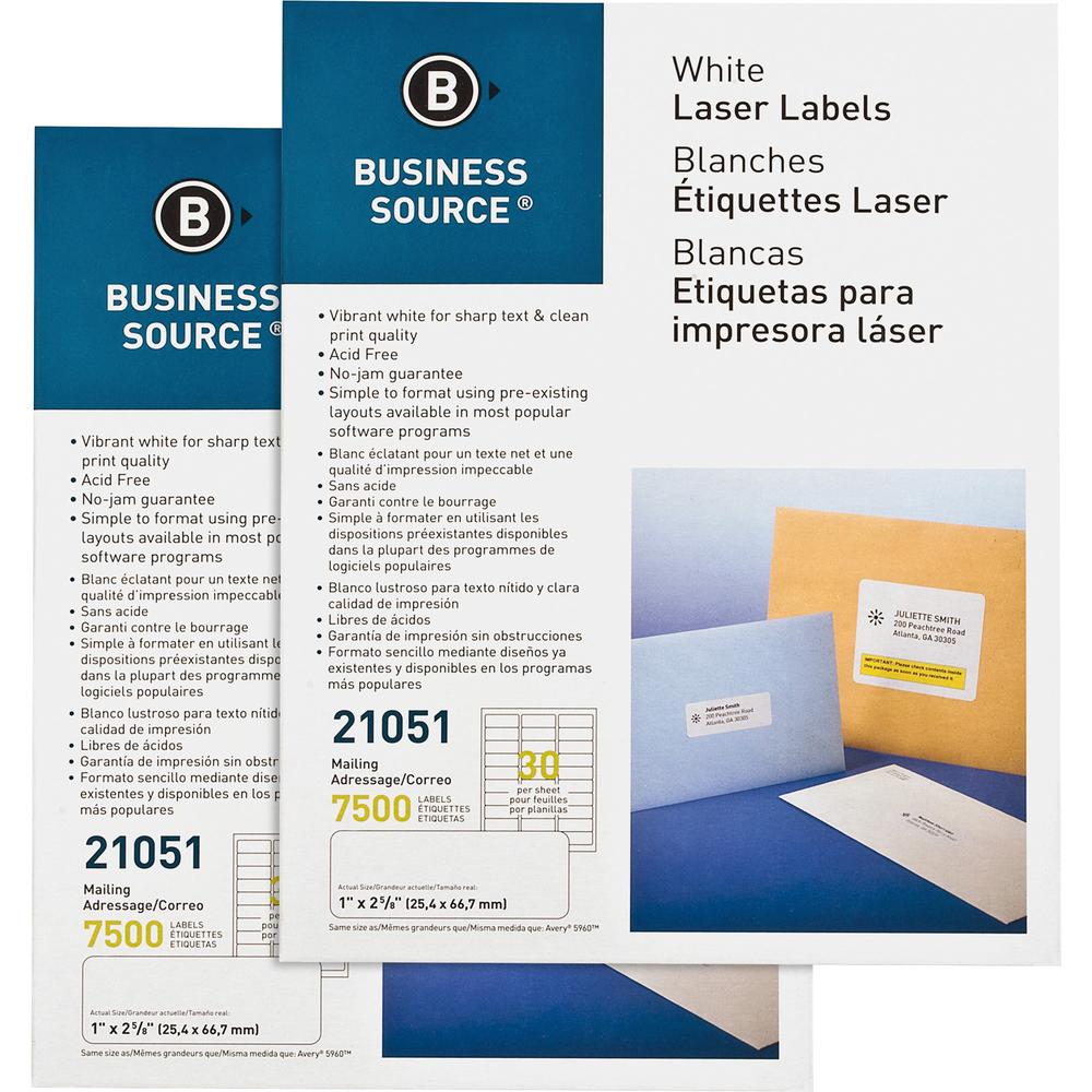 Business Source Bright White Premium-quality Address Labels - Permanent Adhesive - 1" Width x 2 5/8" Length - Rectangle - Laser, Inkjet - White - 30 / Sheet - 250 Total Sheets - 15000 / Carton. The main picture.