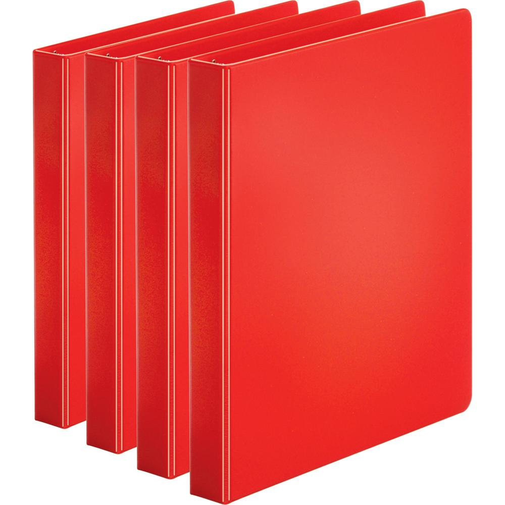 Business Source Basic Round Ring Binders - 1" Binder Capacity - Letter - 8 1/2" x 11" Sheet Size - 225 Sheet Capacity - 3 x Round Ring Fastener(s) - Internal Pocket(s) - Chipboard, Polypropylene - Red. Picture 1