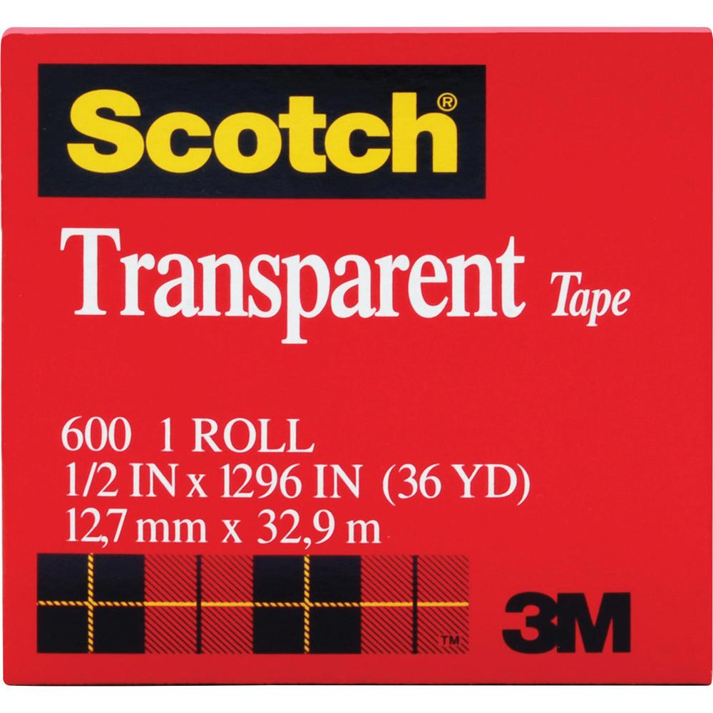Scotch Transparent Tape - 1/2"W - 36 yd Length x 0.50" Width - 1" Core - Moisture Resistant, Stain Resistant, Long Lasting - For Multipurpose, Mending, Packing, Label Protection, Wrapping - 12 / Pack . Picture 1