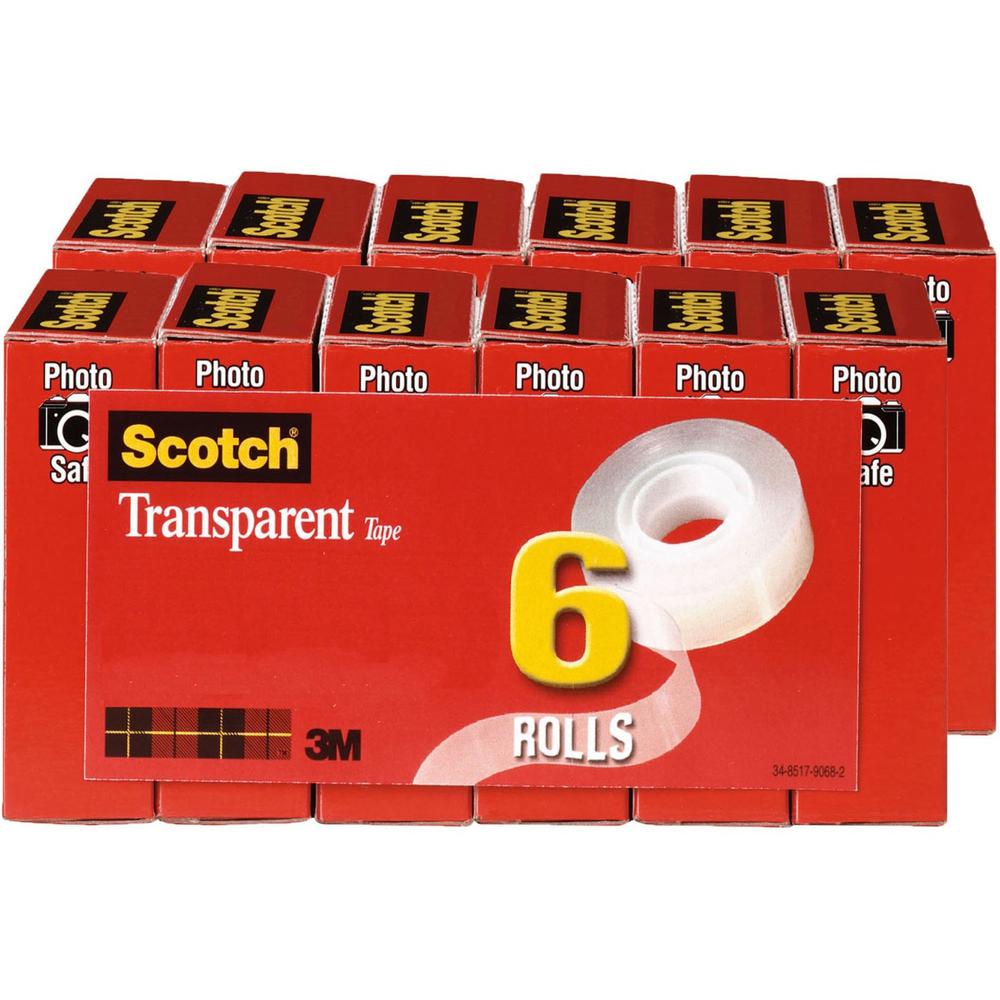 Scotch Transparent Tape - 3/4"W - 36 yd Length x 0.75" Width - 1" Core - Stain Resistant, Moisture Resistant, Long Lasting - For Wrapping, Sealing, Mending, Label Protection - 12 / Bundle - Clear. Picture 1
