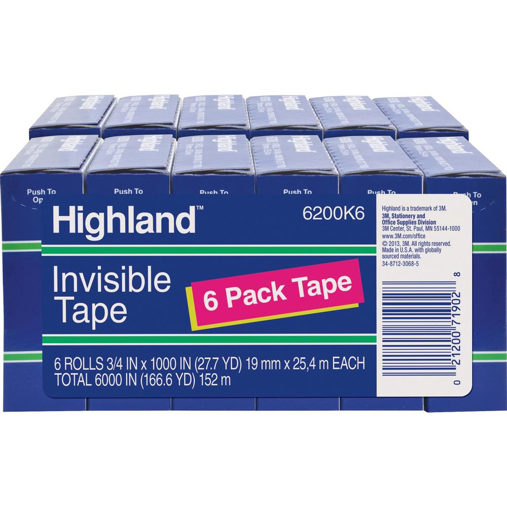 Highland 3/4"W Matte-finish Invisible Tape - 27.78 yd Length x 0.75" Width - 1" Core - For Mending, Holding, Splicing - 12 / Bundle - Matte - Clear. Picture 1