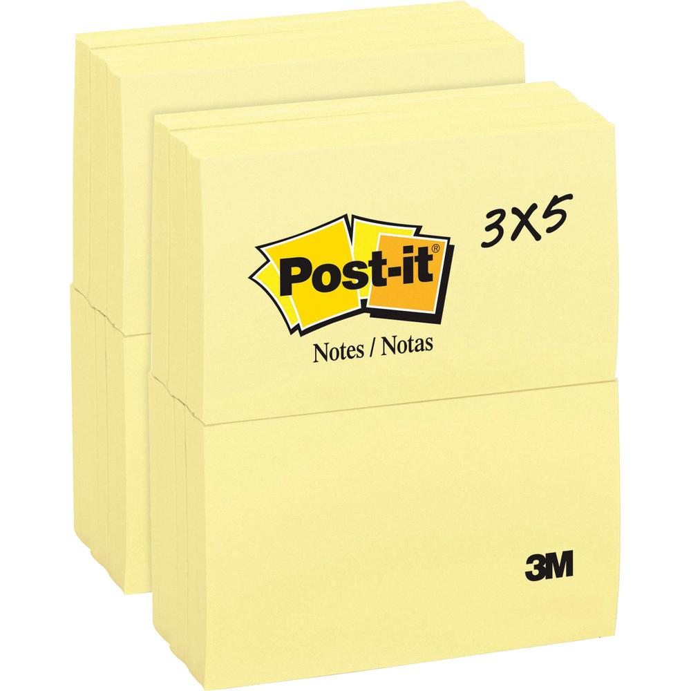 Post-it&reg; Notes Original Notepads - 3" x 5" - Rectangle - 100 Sheets per Pad - Unruled - Canary Yellow - Paper - Self-adhesive, Repositionable - 24 / Bundle. Picture 1