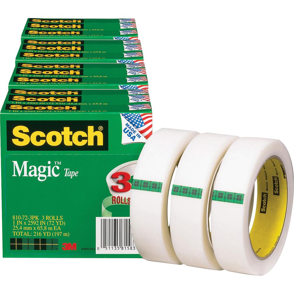 Scotch Magic Tape - 72 yd Length x 1" Width - 3" Core - For Mending, Splicing - 12 / Bundle - Matte - Clear. Picture 1