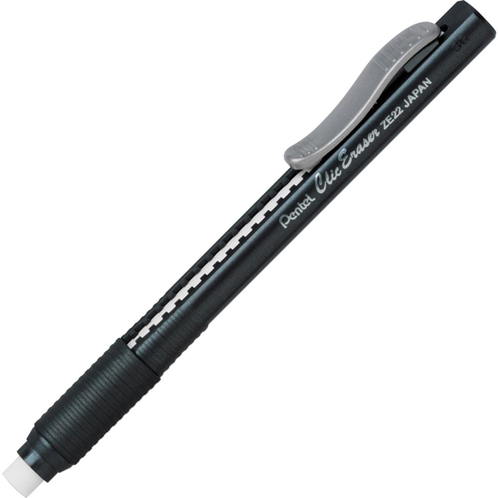 Pentel Rubber Grip Clic Eraser - Black - Black - Pen - Refillable - 12 / Box - Retractable, Latex-free Grip, Ghost Resistant, Pocket Clip. Picture 1