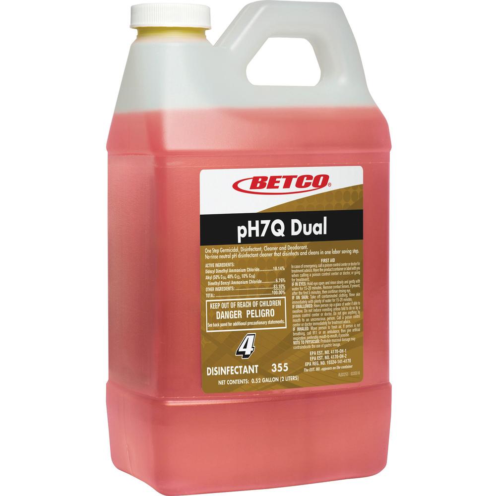 Betco pH7Q Dual Disinfectant Cleaner - Concentrate Liquid - 67.6 fl oz (2.1 quart) - Pleasant Lemon Scent - 4 / Carton - Light Amber. The main picture.