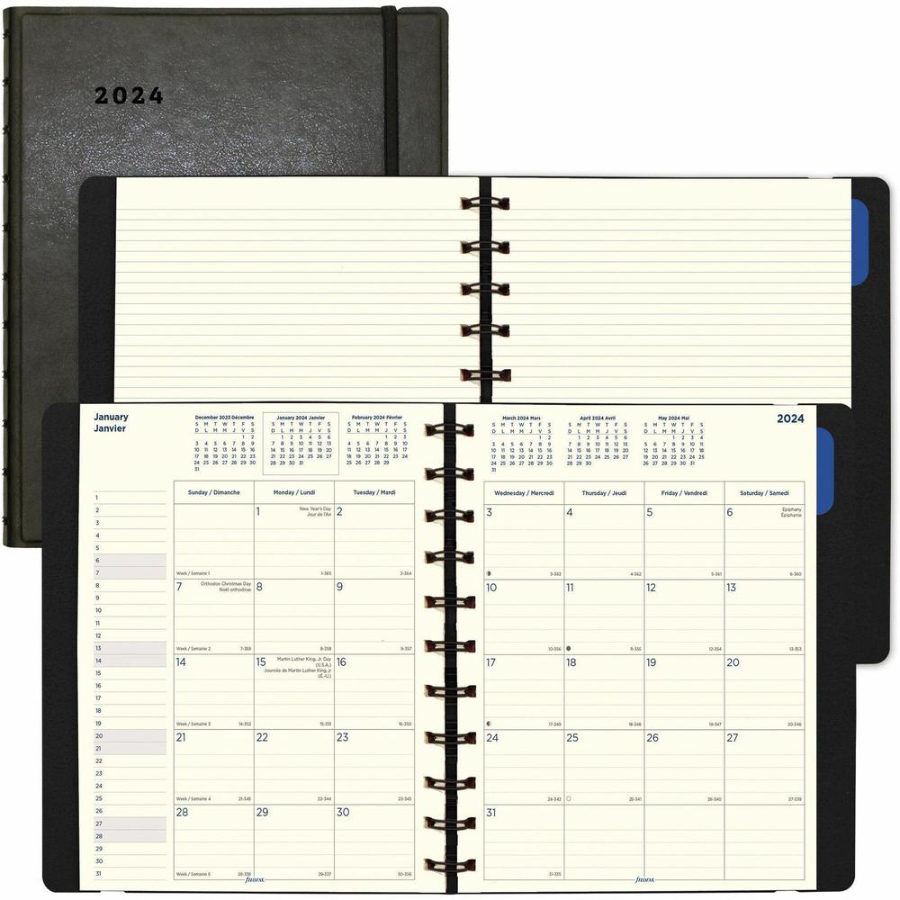 Filofax 17-Month Monthly Planner - Julian Dates - Monthly - 17 Month - August 2023 - December 2024 - 1 Month Double Page Layout - 8 1/2" x 10 7/8" Cream Sheet - Twin Wire - Elastic - Leather - Black C. Picture 1