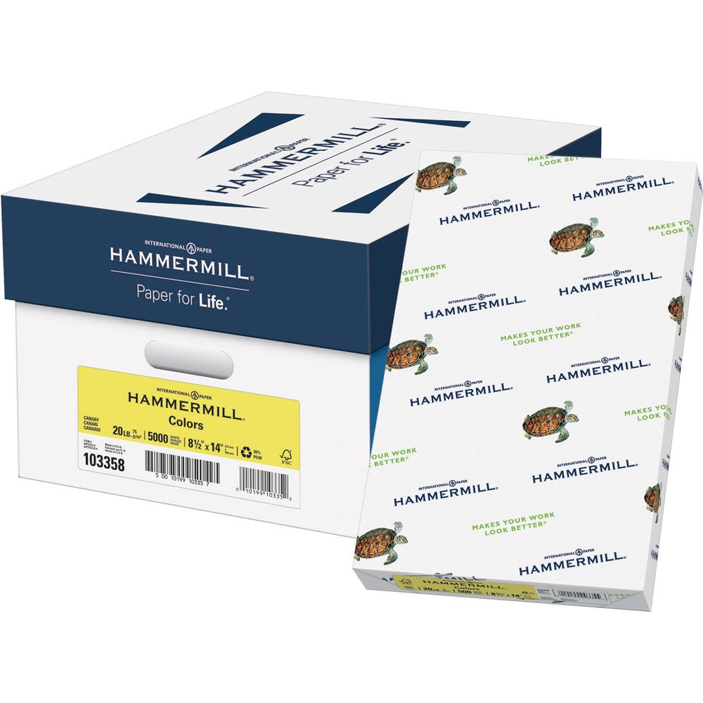 Hammermill Colors Recycled Copy Paper - Canary - Legal - 8 1/2" x 14" - 20 lb Basis Weight - 5000 / Carton - Jam-free - Canary. Picture 1