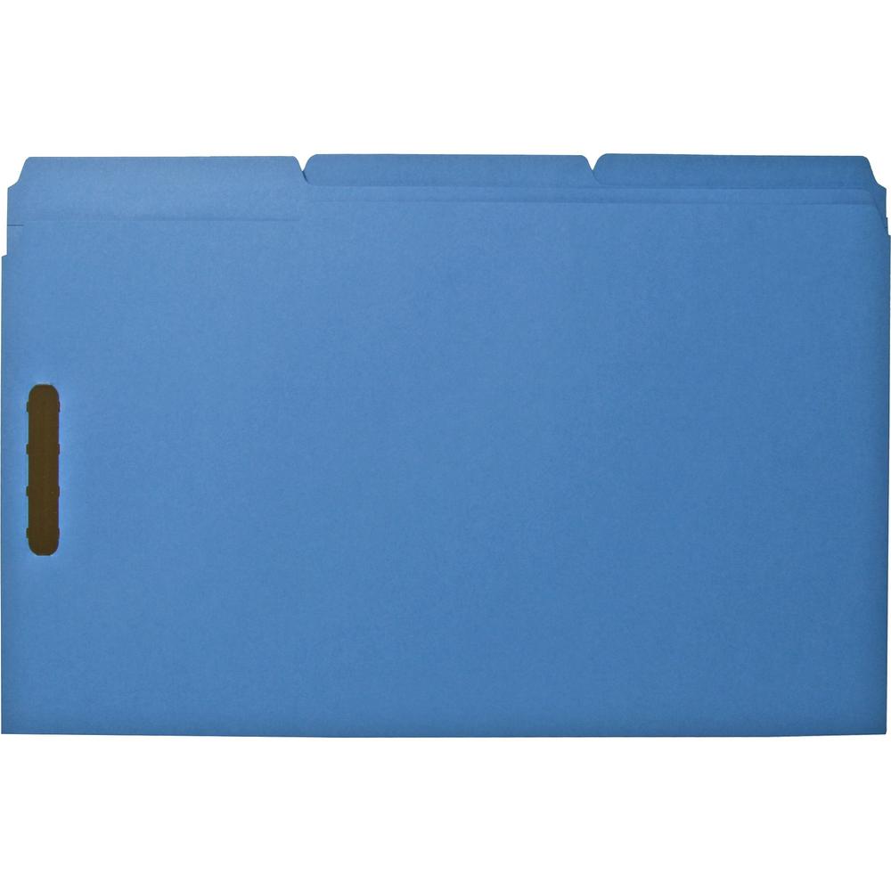 Business Source 1/3 Tab Cut Legal Recycled Fastener Folder - 8 1/2" x 14" - 3/4" Expansion - 2 Fastener(s) - 2" Fastener Capacity - Top Tab Location - Assorted Position Tab Position - Blue - 10% Recyc. Picture 1