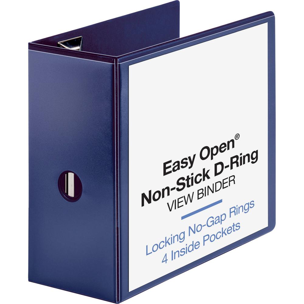 Business Source Navy D-ring Binder - 5" Binder Capacity - Letter - 8 1/2" x 11" Sheet Size - D-Ring Fastener(s) - 4 Pocket(s) - Polypropylene - Navy - Clear Overlay, Non-stick, Ink-transfer Resistant,. Picture 1