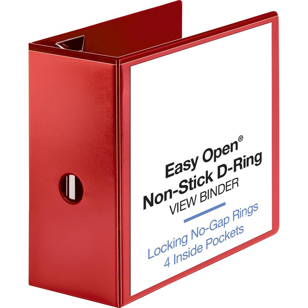 Business Source Red D-ring Binder - 5" Binder Capacity - Letter - 8 1/2" x 11" Sheet Size - D-Ring Fastener(s) - 4 Pocket(s) - Polypropylene - Red - Clear Overlay, Non-stick, Ink-transfer Resistant, L. Picture 1