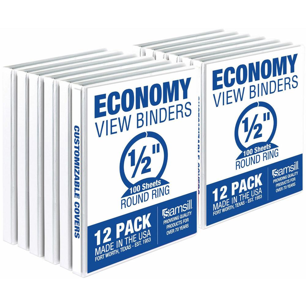 Samsill Economy View Binder - 1/2" Binder Capacity - Letter - 8 1/2" x 11" Sheet Size - 100 Sheet Capacity - 3 x Round Ring Fastener(s) - 2 Internal Pocket(s) - Polypropylene, Chipboard, Plastic - Whi. Picture 1