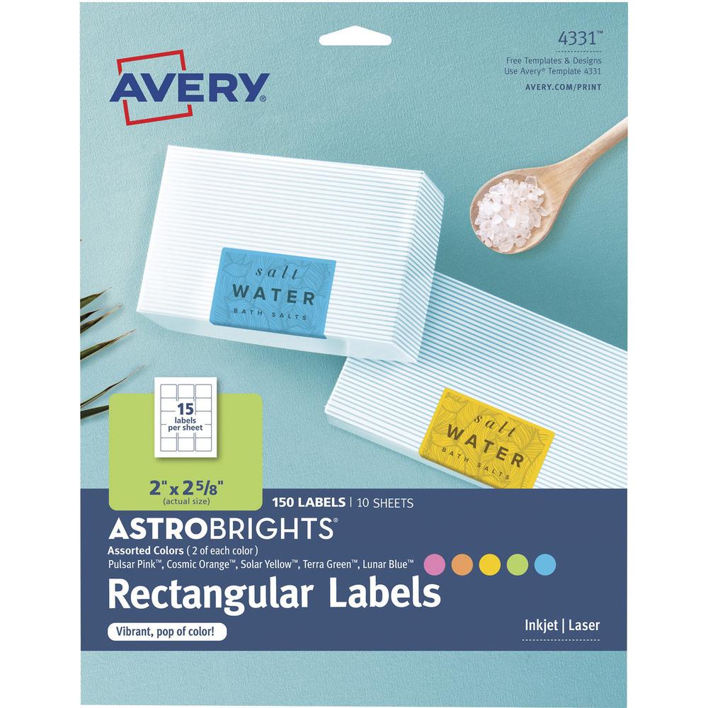 Avery&reg; Easy Peel Multipurpose Label - 2" Width x 2 5/8" Length - Permanent Adhesive - Rectangle - Laser, Inkjet - Solar Yellow, Terra Green, Pulsar Pink, Lunar Blue, Cosmic Orange - Paper - 15 / S. Picture 1