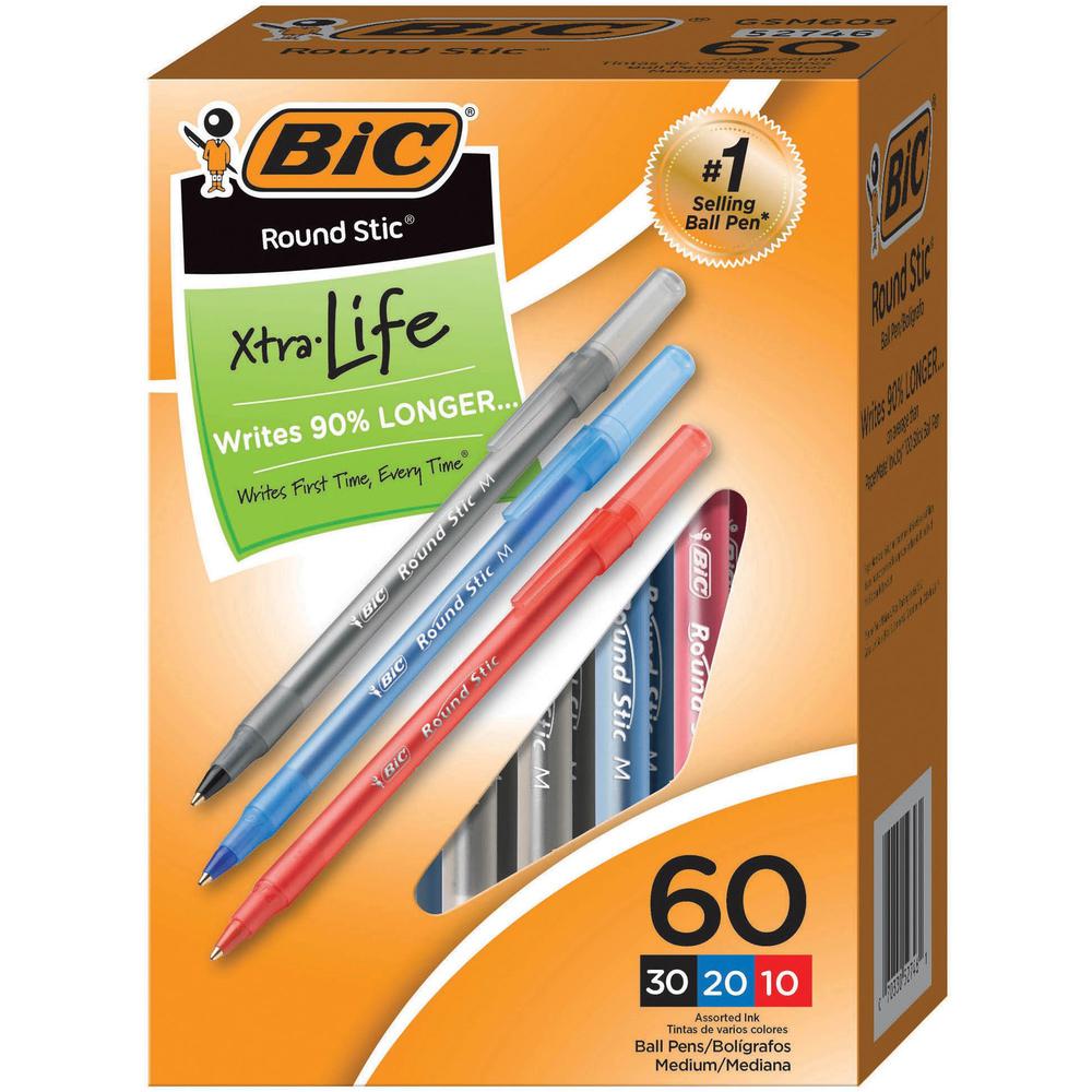 BIC Round Stic Xtra Life Ball Point Pen, Assorted, 60 Pack - 1 mm Pen Point Size - Assorted - Translucent Barrel - 60 Pack. Picture 1