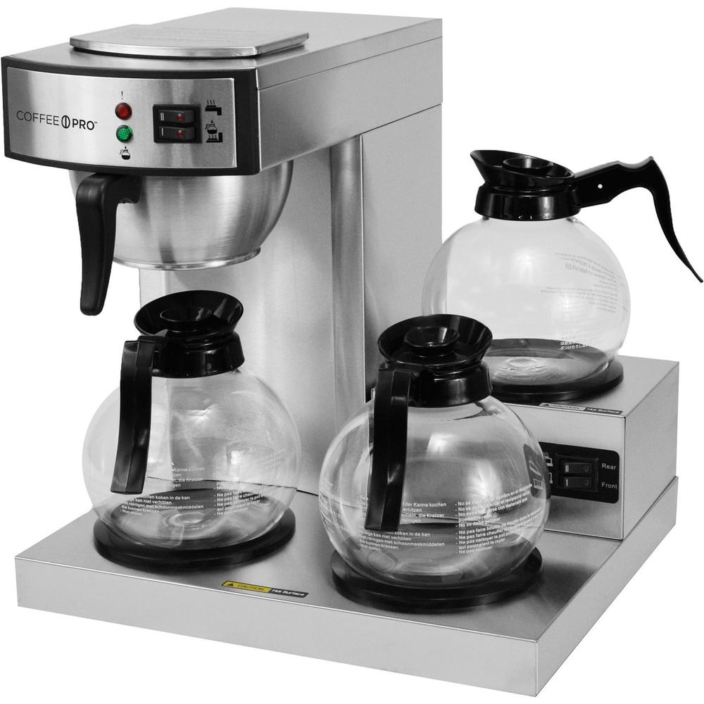 Coffee Pro 3-Burner Commercial Coffee Brewer - 2.32 quart - 36 Cup(s) - Multi-serve - Silver - Glass Body. Picture 1