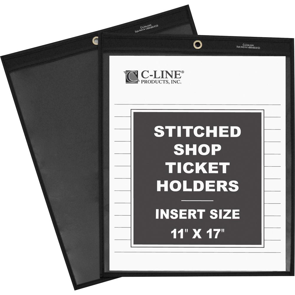 C-Line Stitched Shop Ticket Holders - Support 8.50" x 14" , 11" x 14" Media - Vinyl - 25 / Box - Black, Clear - Heavy Duty. Picture 1