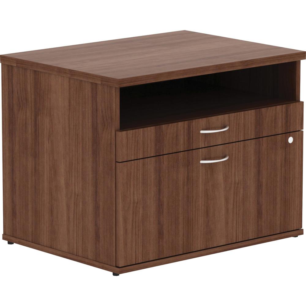 Lorell Walnut Open Shelf File Cabinet Credenza - 2-Drawer - 29.5" x 22" x 23.1" - 2 x File Drawer(s), Accessory Drawer(s) - Finish: Walnut Laminate, Silver Pull. The main picture.