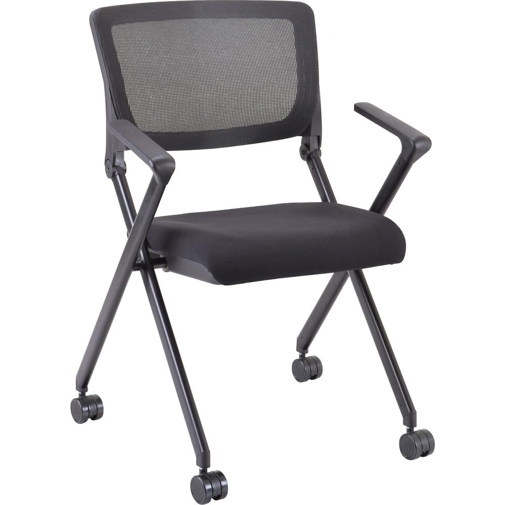 Lorell Mobile Mesh Back Nesting Chairs with Arms - Black Fabric Seat - Metal Frame - 2 / Carton. Picture 1