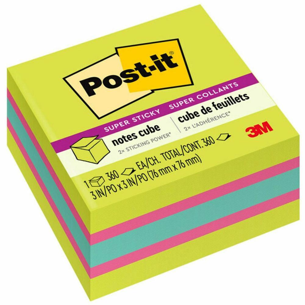 Post-it&reg; Super Sticky Notes Cube - 3" x 3" - Square - 360 Sheets per Pad - Guava, Acid Lime, Aqua Splash - Paper - Sticky, Recyclable - 1 / Pack. Picture 1