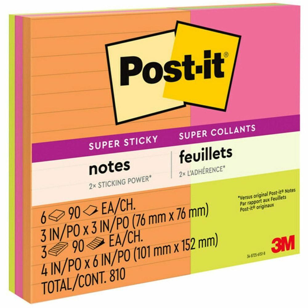 Post-it&reg; Super Sticky Notes - Energy Boost Color Collection - 3" x 3" , 4" x 6" - Square, Rectangle - 90 Sheets per Pad - Vital Orange, Tropical Pink, Limeade - Paper - Sticky, Recyclable - 9 / Pa. Picture 1