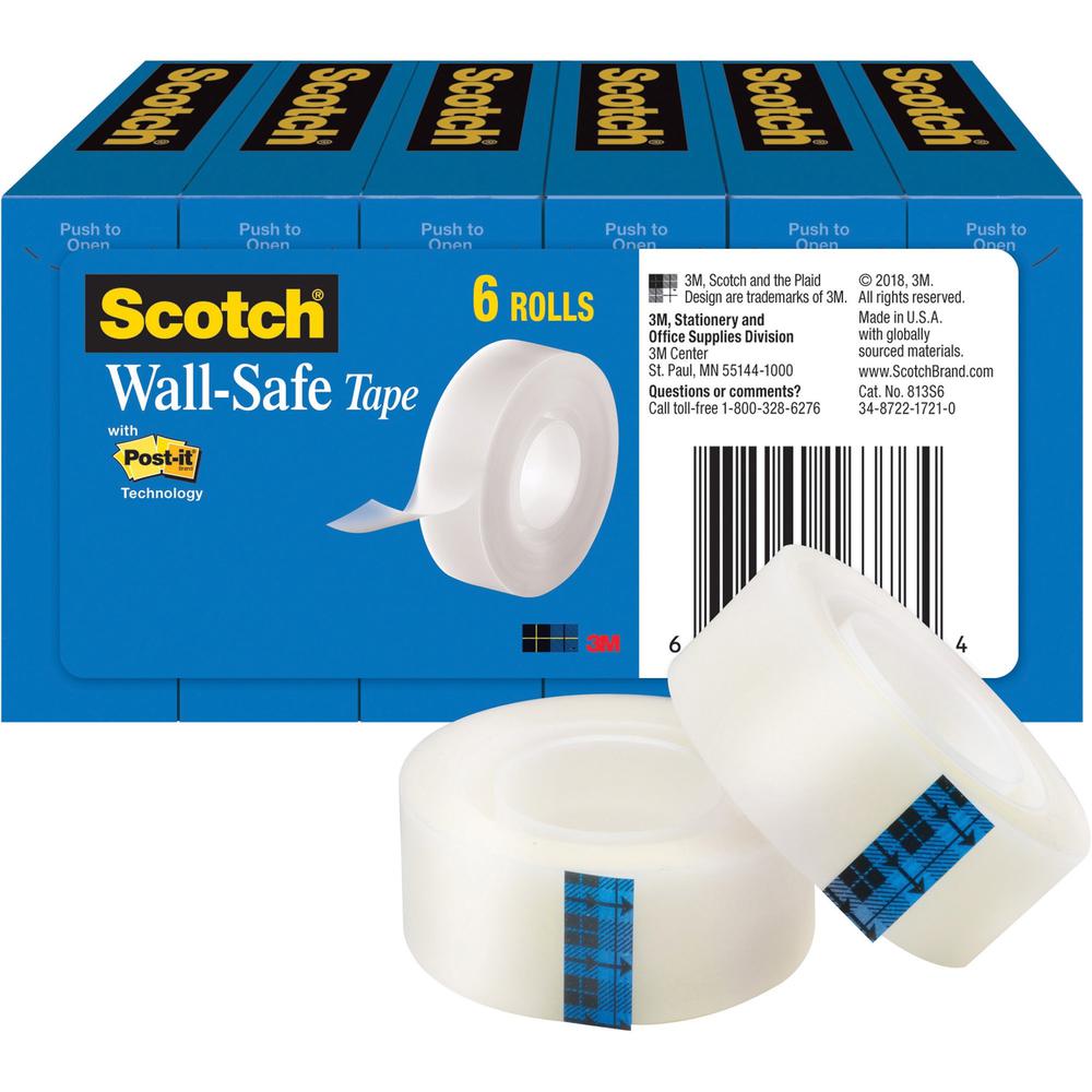 Scotch Wall-Safe Tape - 22.22 yd Length x 0.75" Width - 6 / Pack - Translucent. Picture 1