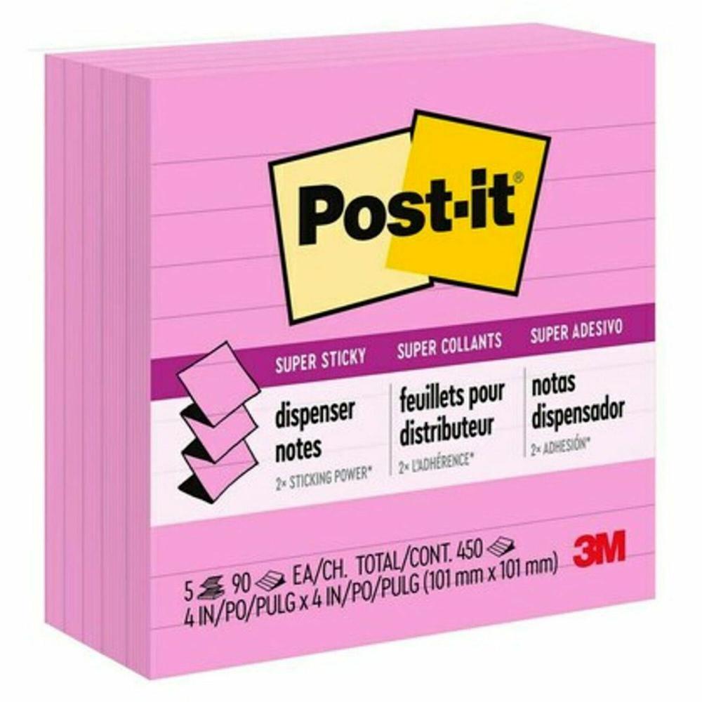 Post-it&reg; Super Sticky Pop-up Lined Note Refills - 4" x 4" - Square - 90 Sheets per Pad - Pink - Sticky - 5 / Pack. Picture 1