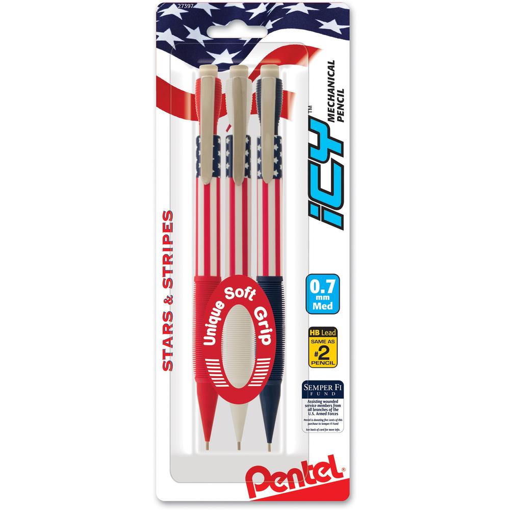 Pentel Stars & Stripes Mechanical Pencil - #2 Lead - 0.7 mm Lead Diameter - Thick Point - Refillable - Assorted Lead - Assorted Barrel - 3 / Pack. Picture 1