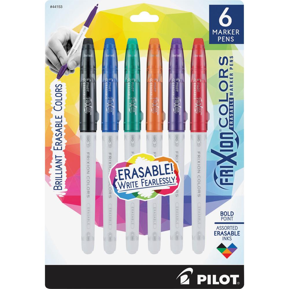 Pilot FriXion Colors Erasable Marker Pens - Bold Pen Point - 2.5 mm Pen Point Size - Black, Blue, Red, Green, Orange, Purple - White Barrel - 6 / Pack. Picture 1