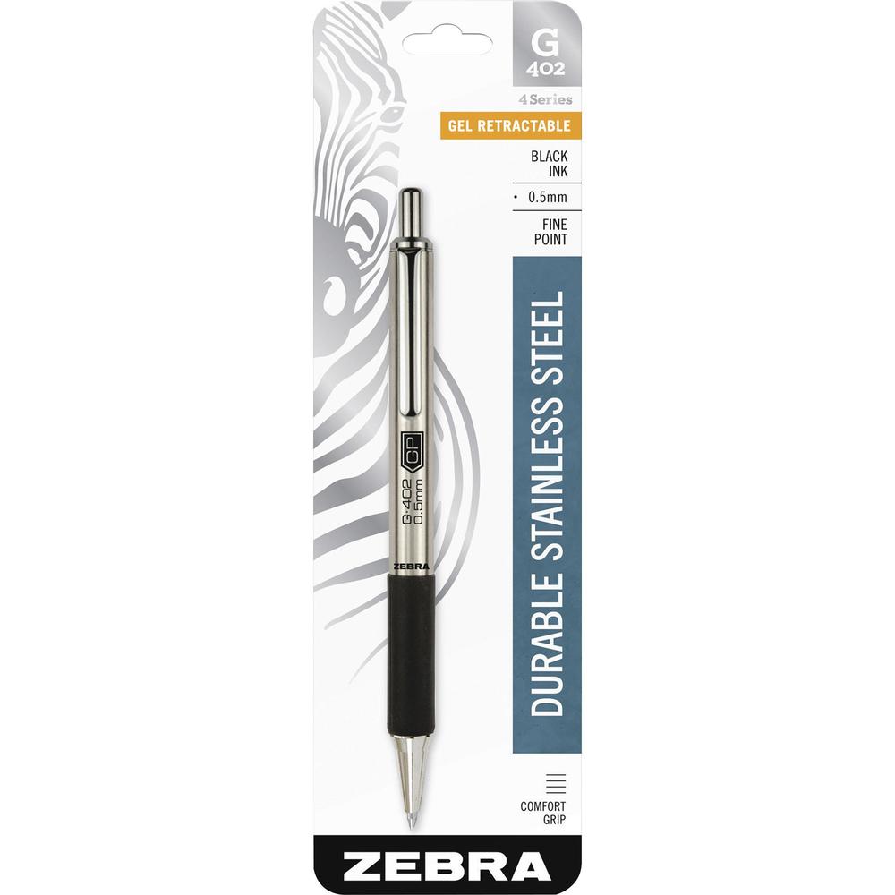 Zebra STEEL 4 Series G-402 Retractable Gel Pen - Fine Pen Point - 0.5 mm Pen Point Size - Retractable - Black Gel-based Ink - Stainless Steel Barrel - 1 Each. Picture 1