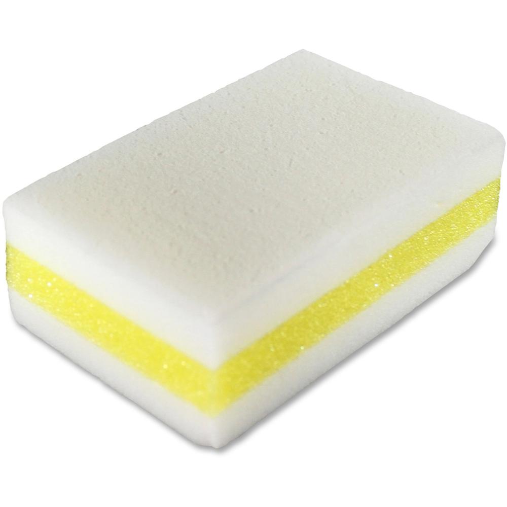 Genuine Joe Dual-Sided Melamine Eraser Amazing Sponges - 4.5" Height x 4.5" Width x 2.8" Depth - 5/Pack - Cellulose - White, Yellow. Picture 1