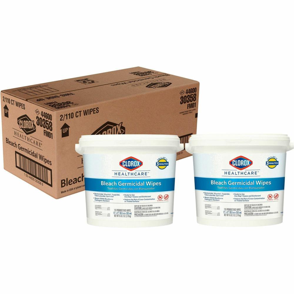 Clorox Healthcare Bleach Germicidal Wipes - Ready-To-Use Wipe - 110 / Canister - 2 / Carton - White. Picture 1